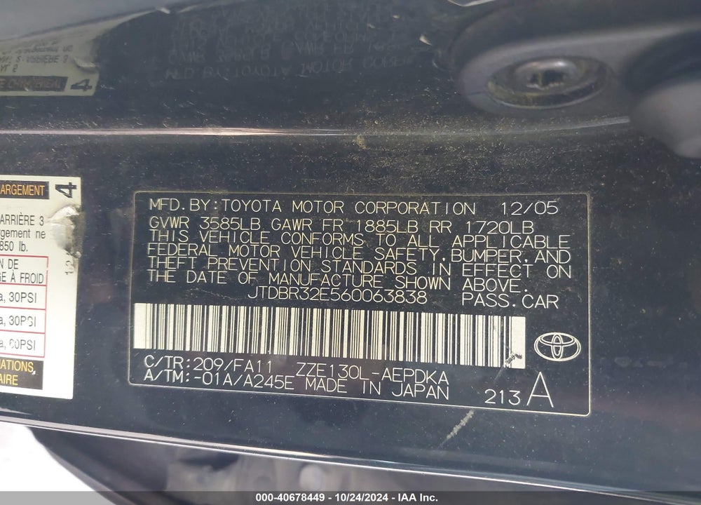 2006 TOYOTA COROLLA CE VIN: JTDBR32E560063838