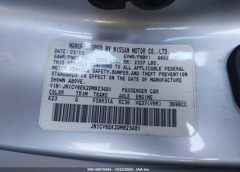 2013 INFINITI G37 VIN: JN1CV6EK2DM923481
