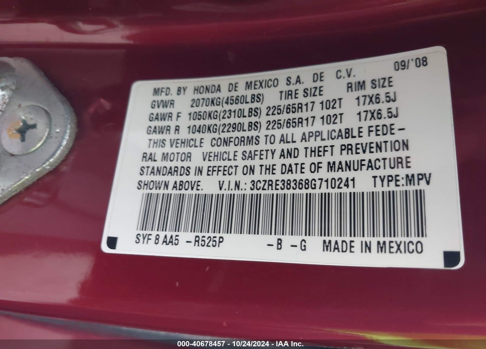 2008 HONDA CR-V LX VIN: 3CZRE38368G710241