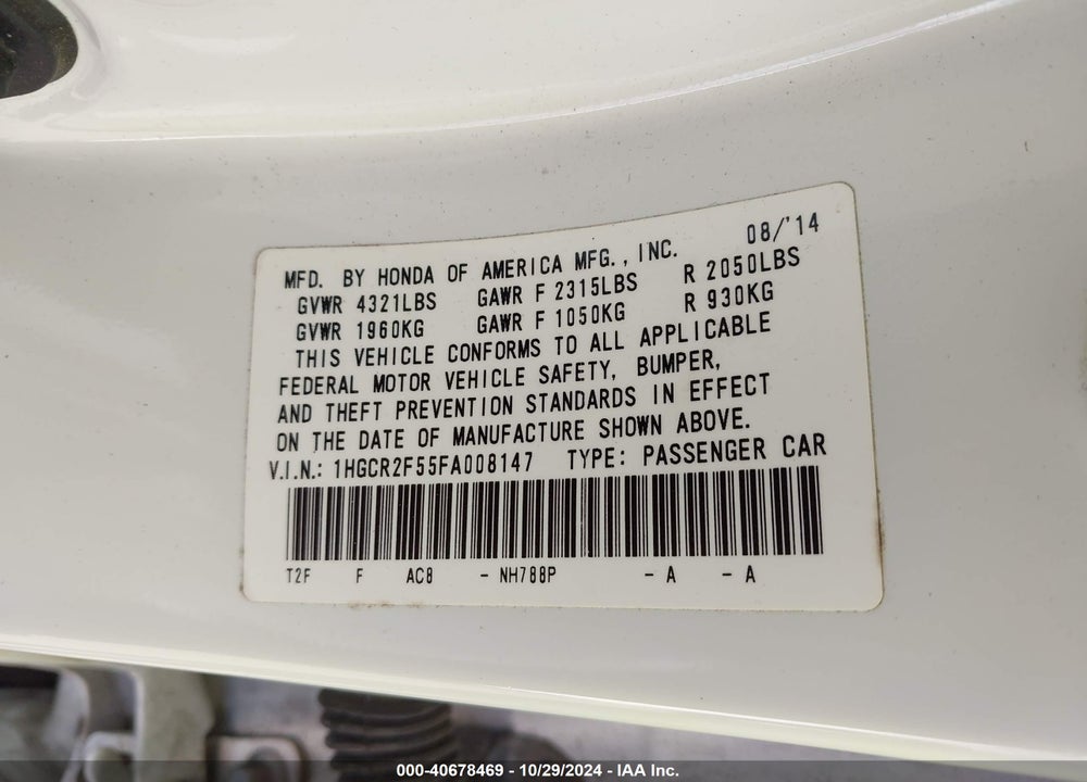2015 HONDA ACCORD SPORT VIN: 1HGCR2F55FA008147