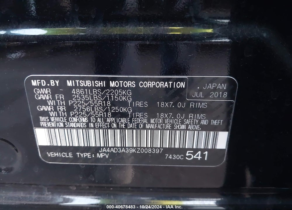 2019 MITSUBISHI OUTLANDER SEL VIN: JA4AD3A39KZ008397