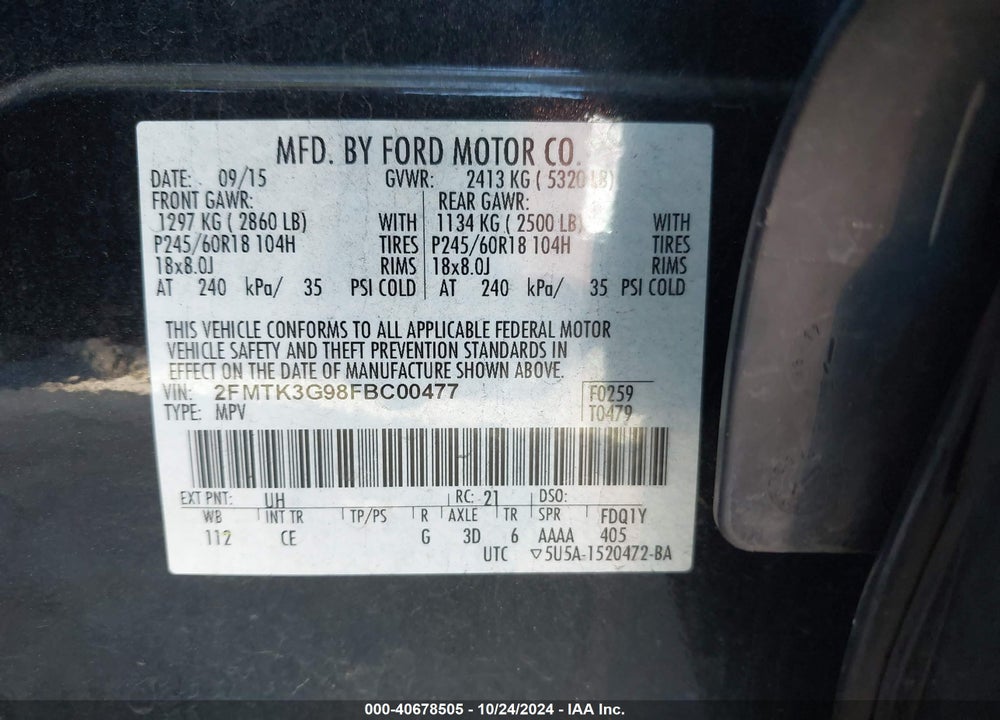 2015 FORD EDGE SE VIN: 2FMTK3G98FBC00477