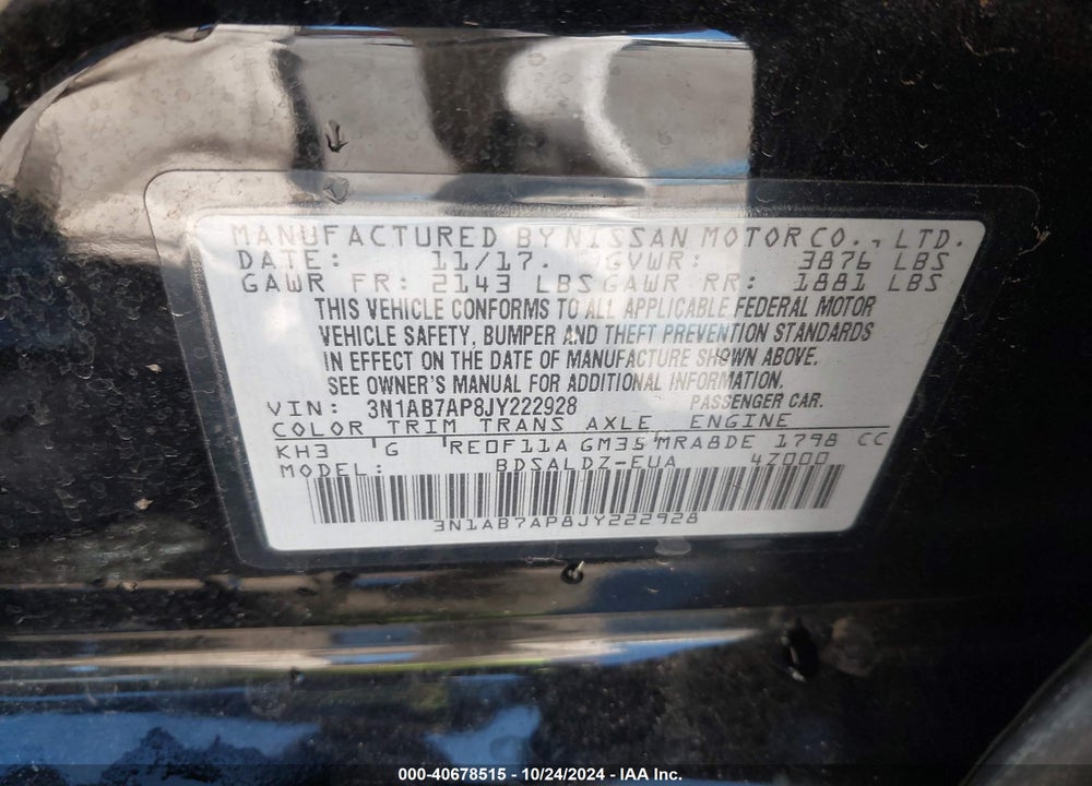 2018 NISSAN SENTRA SV VIN: 3N1AB7AP8JY222928