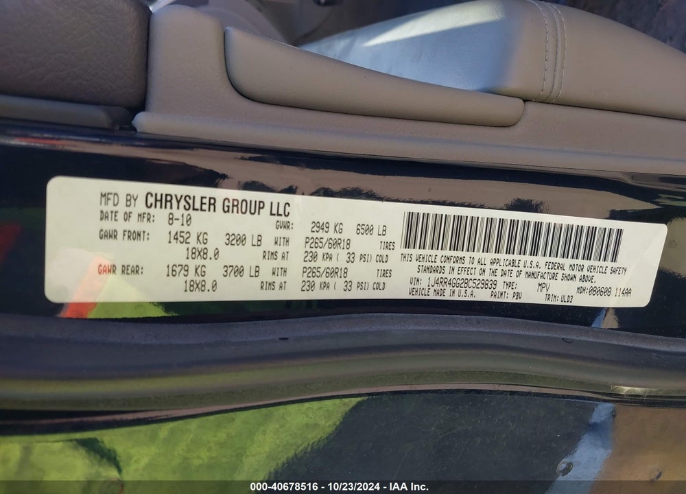 2011 JEEP GRAND CHEROKEE LAREDO VIN: 1J4RR4GG2BC529839