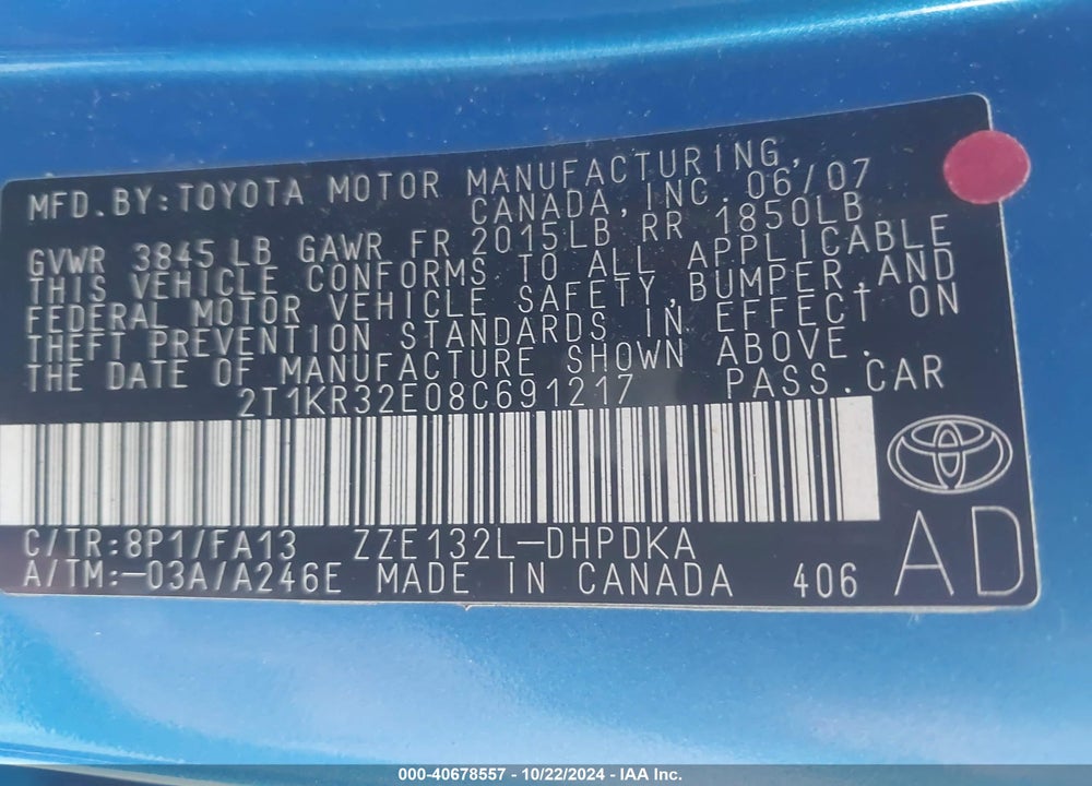 2008 TOYOTA MATRIX VIN: 2T1KR32E08C691217