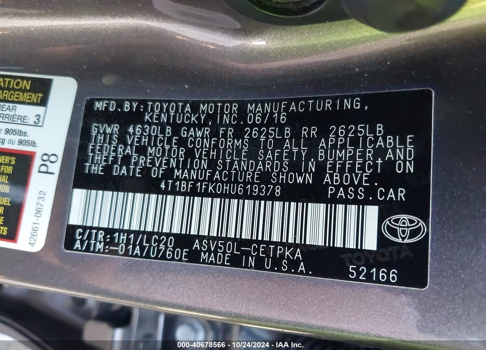 2017 TOYOTA CAMRY XSE VIN: 4T1BF1FK0HU619378
