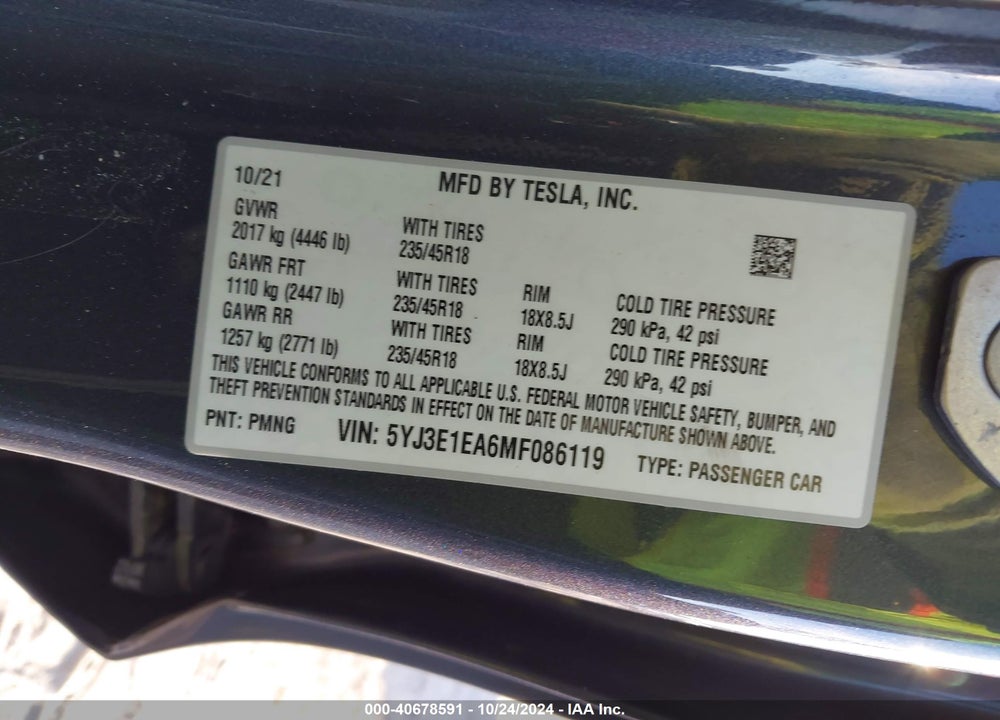 2021 TESLA MODEL 3 STANDARD RANGE PLUS REAR-WHEEL DRIVE VIN: 5YJ3E1EA6MF086119