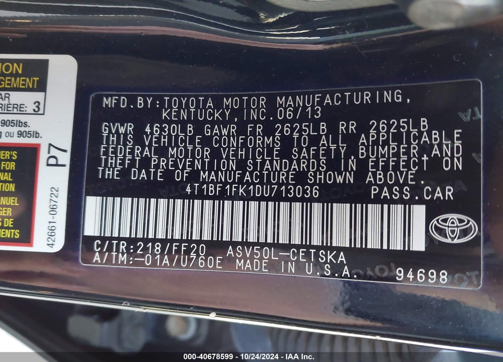 2013 TOYOTA CAMRY SE VIN: 4T1BF1FK1DU713036