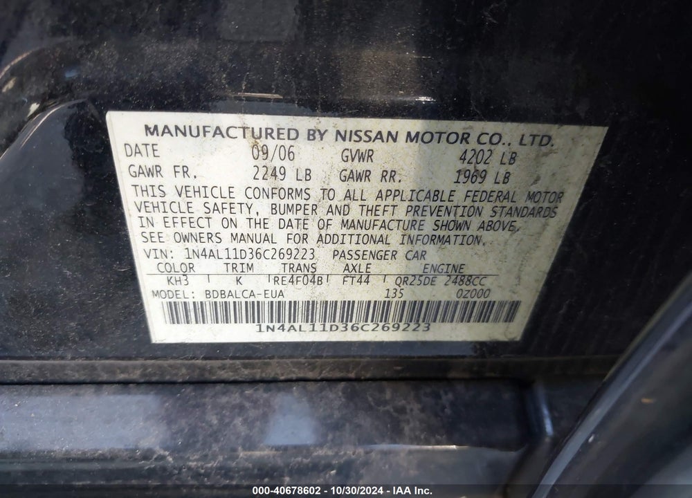 2006 NISSAN ALTIMA 2.5 S VIN: 1N4AL11D36C269223
