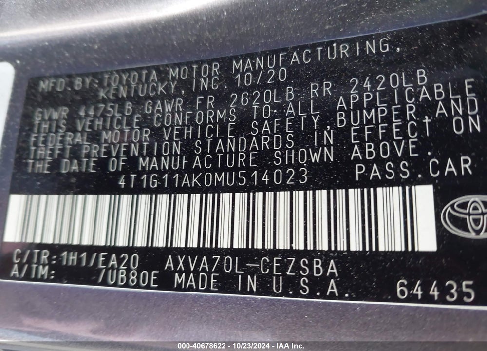 2021 TOYOTA CAMRY SE VIN: 4T1G11AK0MU514023