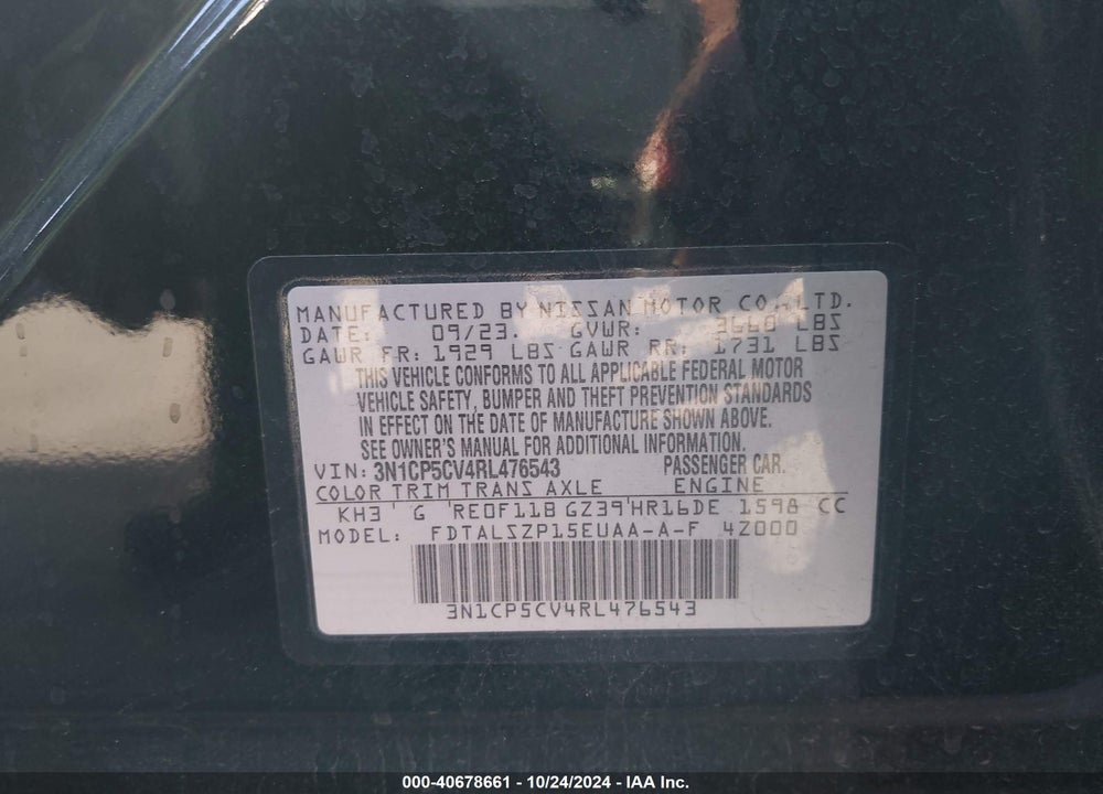 2024 NISSAN KICKS SV XTRONIC CVT VIN: 3N1CP5CV4RL476543