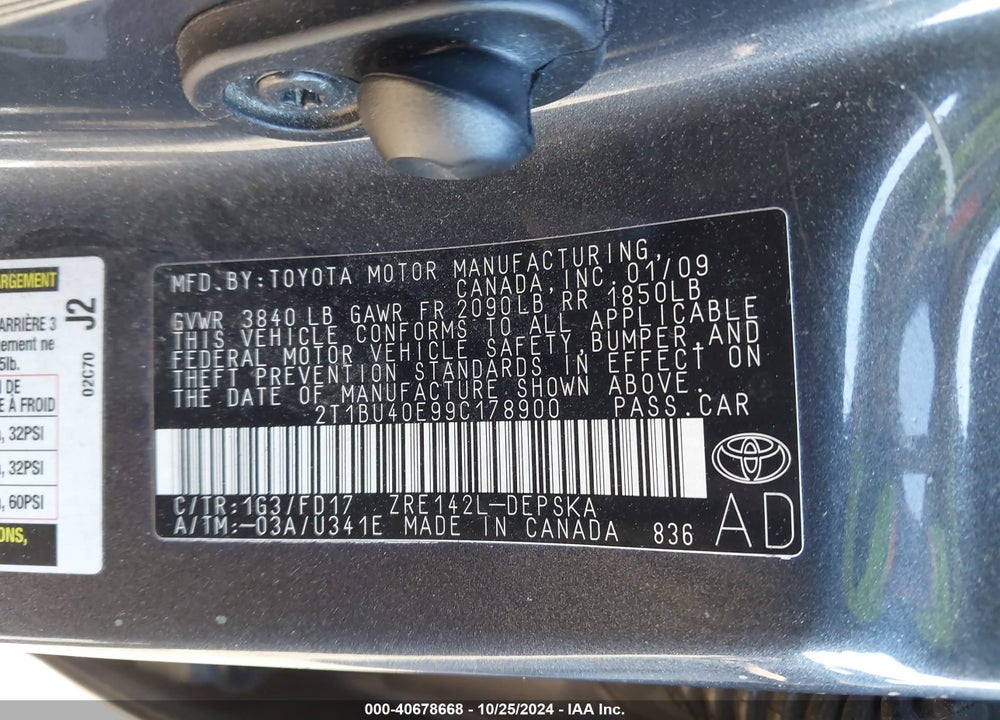 2009 TOYOTA COROLLA S VIN: 2T1BU40E99C178900