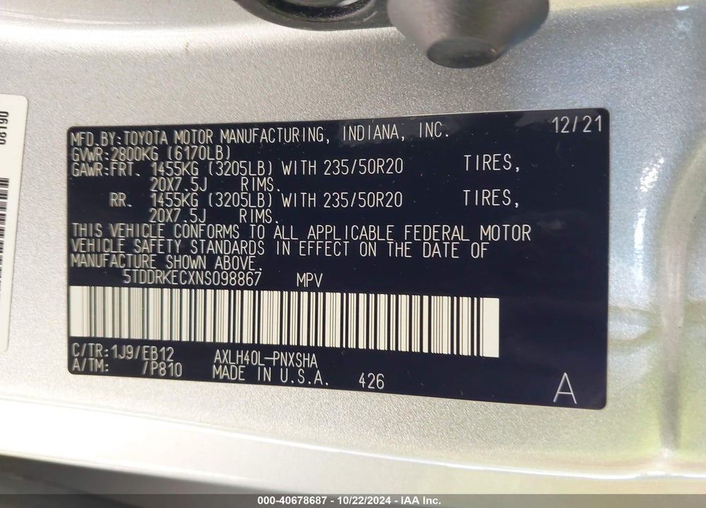 2022 TOYOTA SIENNA XSE VIN: 5TDDRKECXNS098867