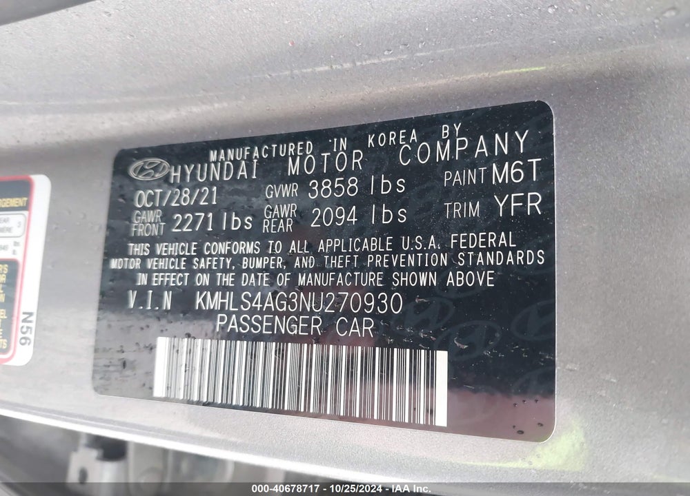 2022 HYUNDAI ELANTRA SEL VIN: KMHLS4AG3NU270930