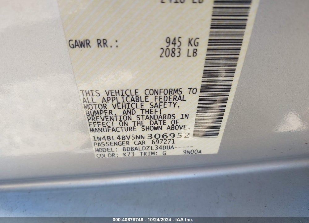 2022 NISSAN ALTIMA S FWD VIN: 1N4BL4BV5NN306952