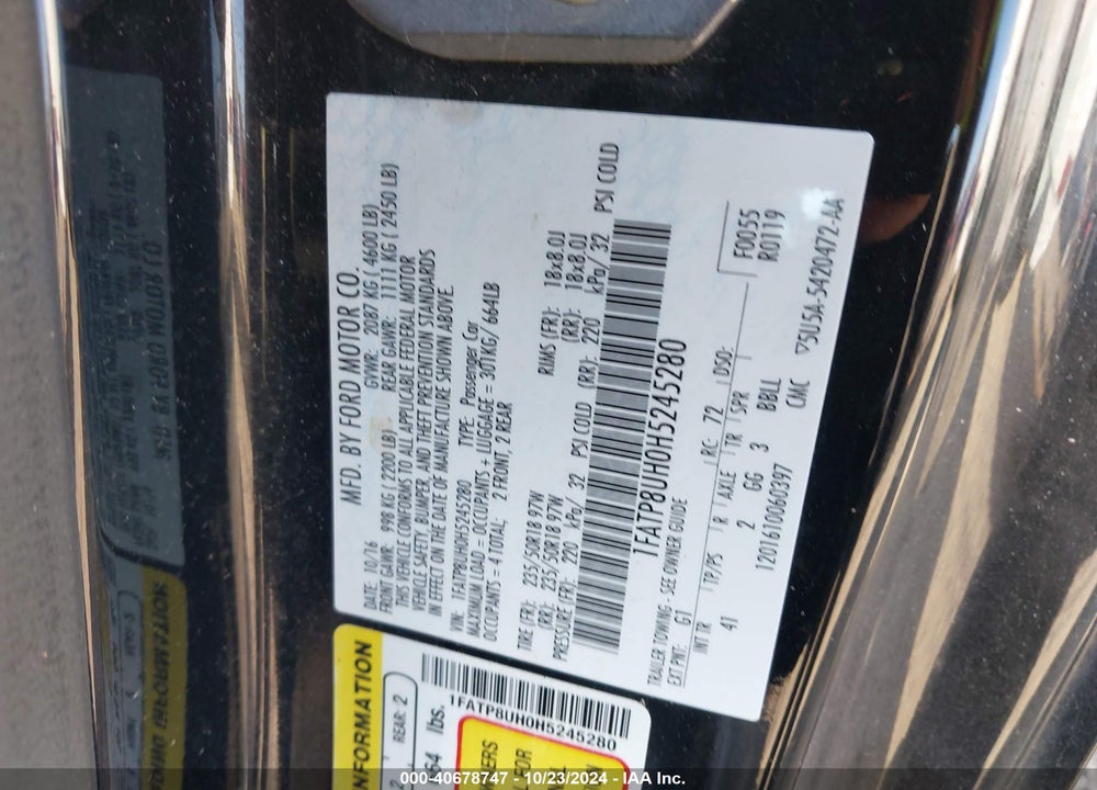 2017 FORD MUSTANG ECOBOOST PREMIUM VIN: 1FATP8UH0H5245280