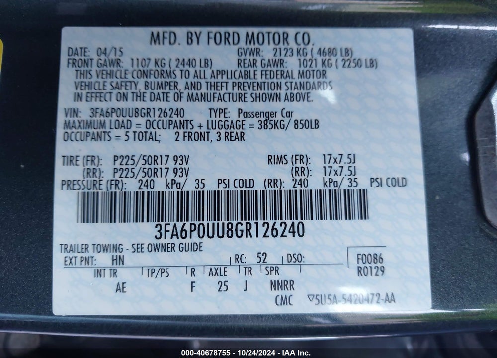 2016 FORD FUSION HYBRID S VIN: 3FA6P0UU8GR126240