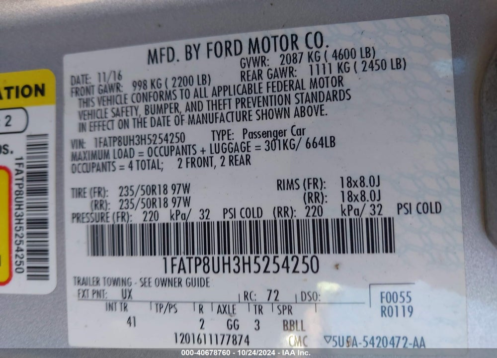 2017 FORD MUSTANG ECOBOOST PREMIUM VIN: 1FATP8UH3H5254250