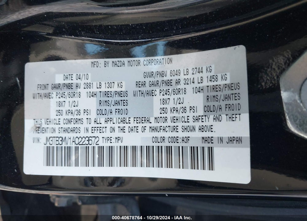 2010 MAZDA CX-9 TOURING VIN: JM3TB3MV1A0223672
