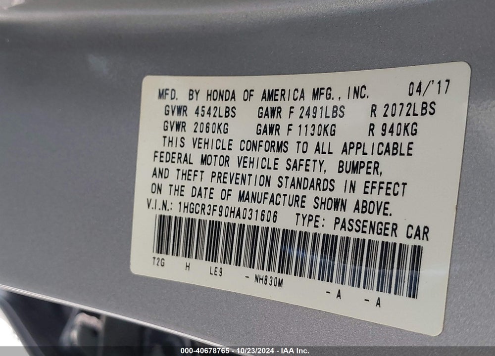2017 HONDA ACCORD TOURING V6 VIN: 1HGCR3F90HA031606