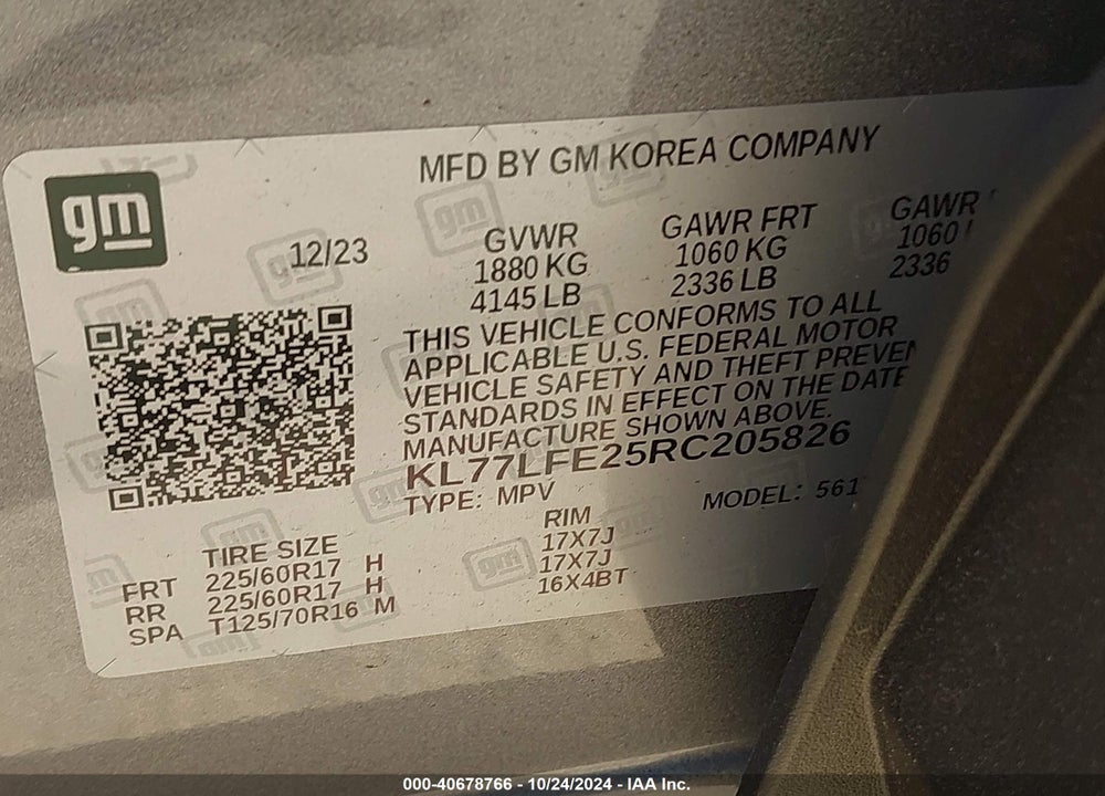 2024 CHEVROLET TRAX FWD SP VIN: KL77LFE25RC205826