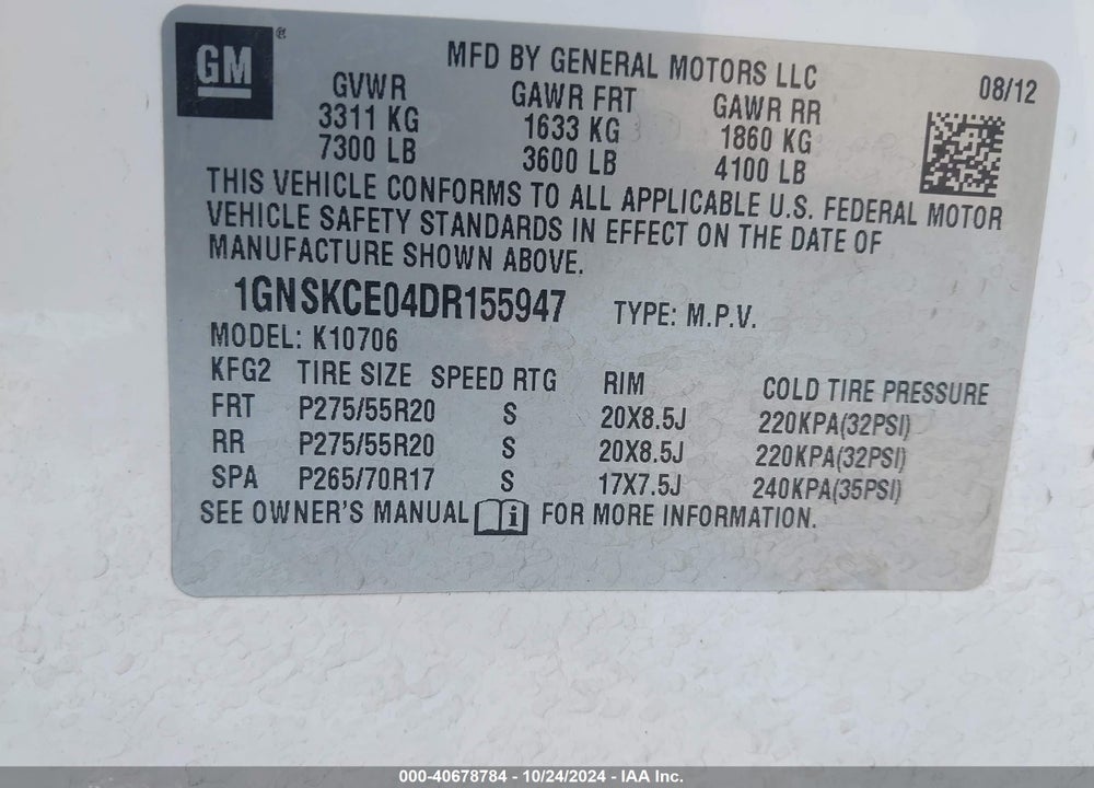 2013 CHEVROLET TAHOE LTZ VIN: 1GNSKCE04DR155947