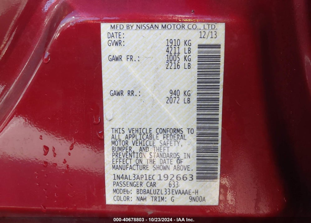 2014 NISSAN ALTIMA 2.5 SV VIN: 1N4AL3AP1EC192663