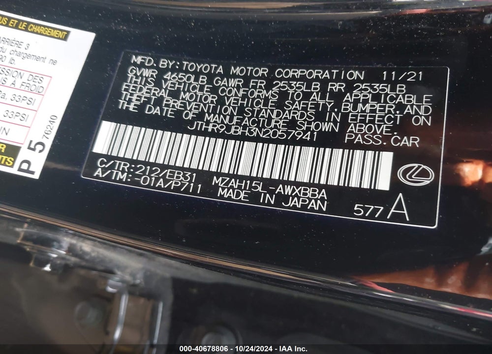 2022 LEXUS UX 250H F SPORT VIN: JTHR9JBH3N2057941