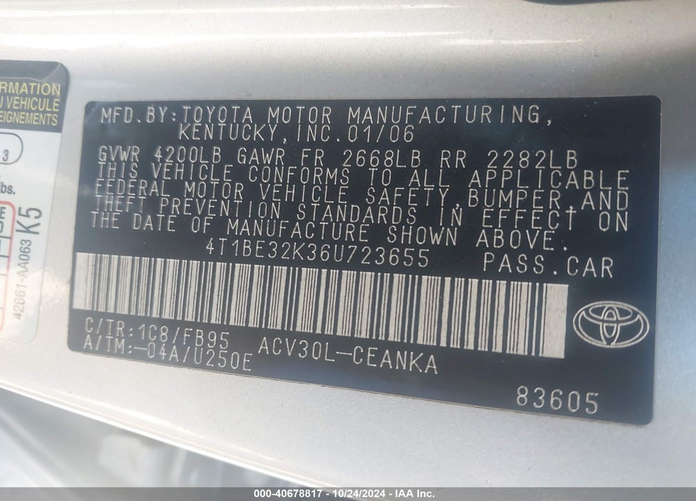 2006 TOYOTA CAMRY STD/ VIN: 4T1BE32K36U723655
