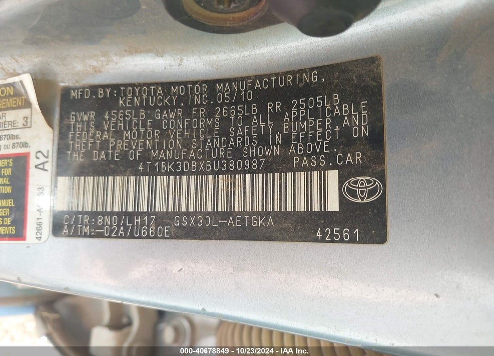 2011 TOYOTA AVALON VIN: 4T1BK3DBXBU380987