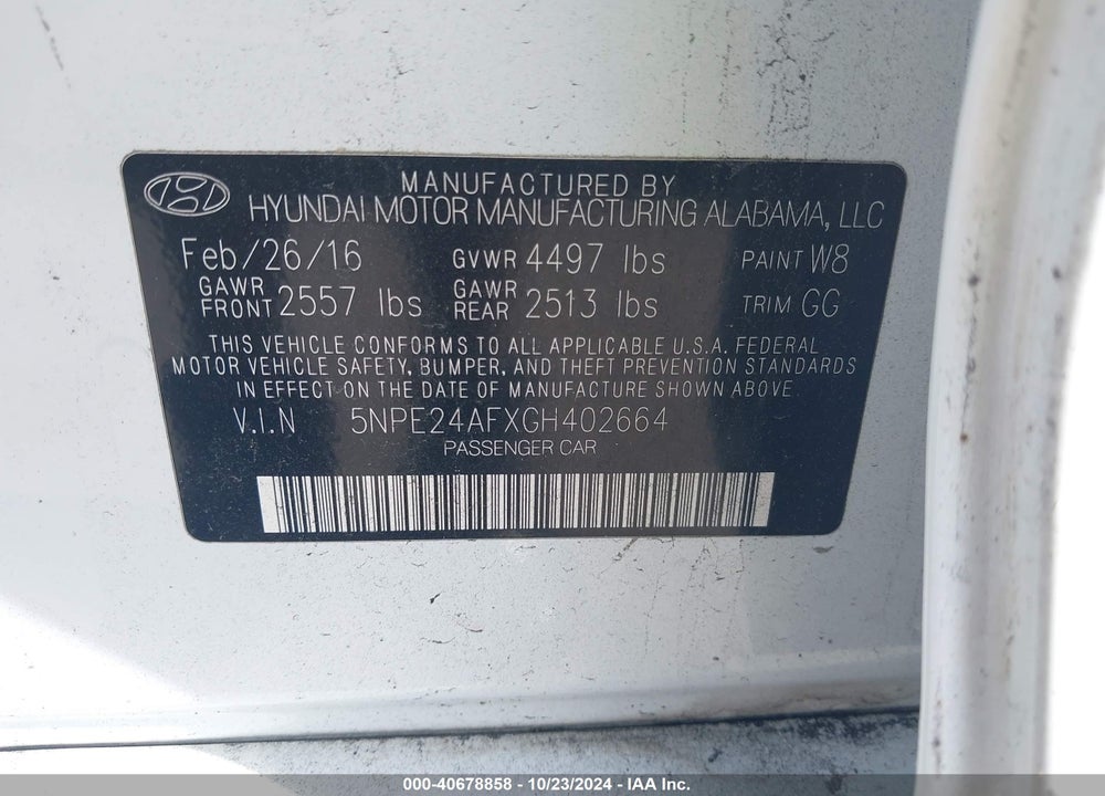 2016 HYUNDAI SONATA VIN: 5NPE24AFXGH402664