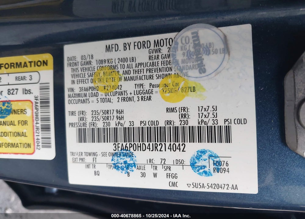 2018 FORD FUSION SE VIN: 3FA6P0HD4JR214042