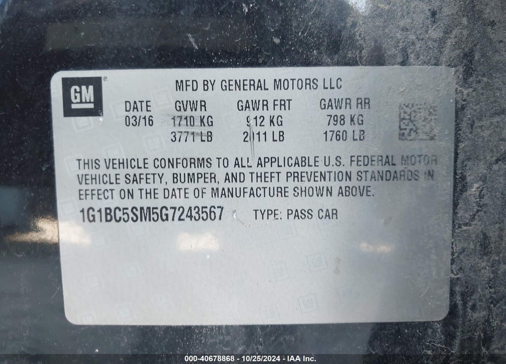 2016 CHEVROLET CRUZE LS AUTO VIN: 1G1BC5SM5G7243567