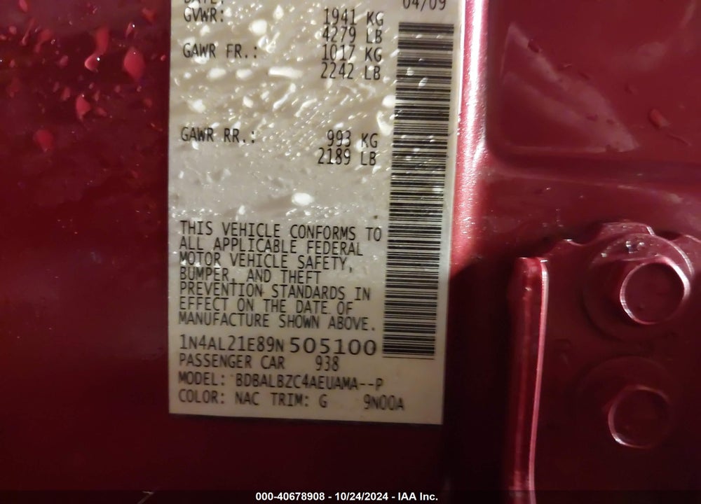 2009 NISSAN ALTIMA 2.5 S VIN: 1N4AL21E89N505100