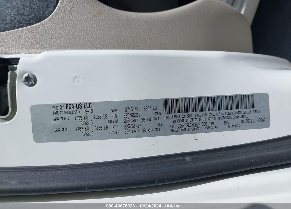 2019 DODGE GRAND CARAVAN SXT VIN: 2C4RDGCGXKR701358