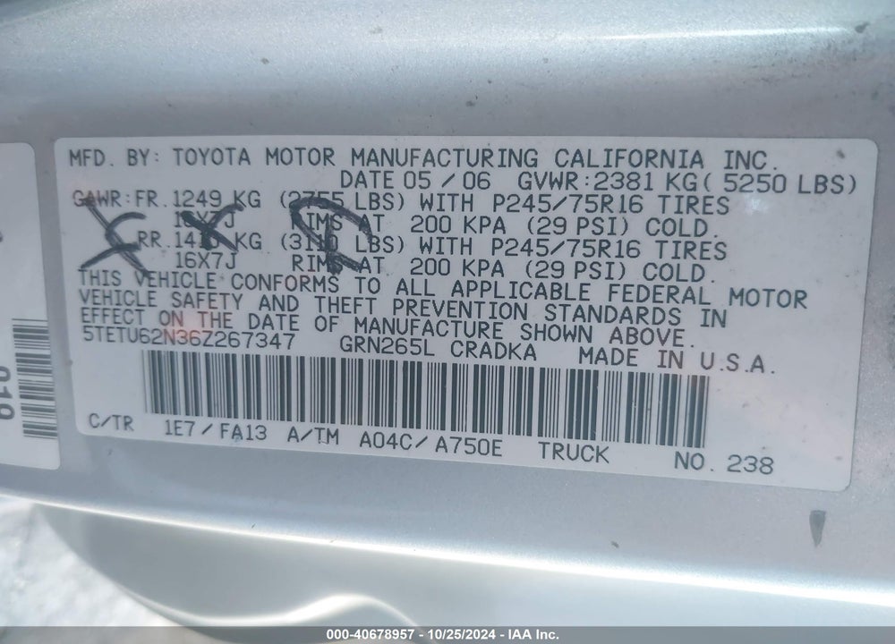 2006 TOYOTA TACOMA PRERUNNER V6 VIN: 5TETU62N36Z267347
