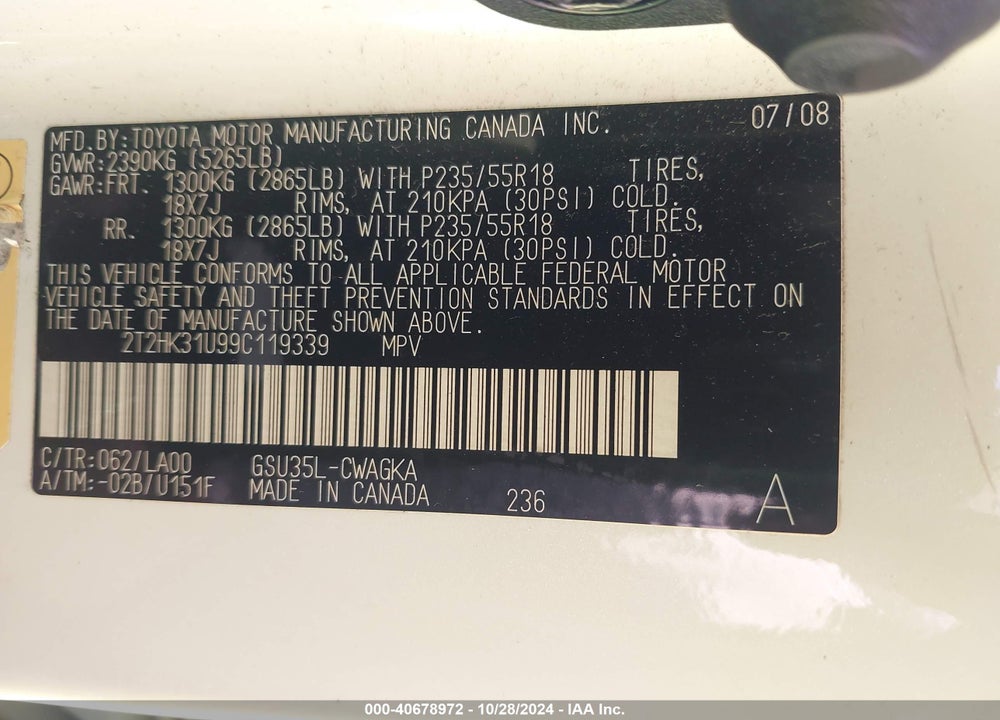 2009 LEXUS RX 350 VIN: 2T2HK31U99C119339