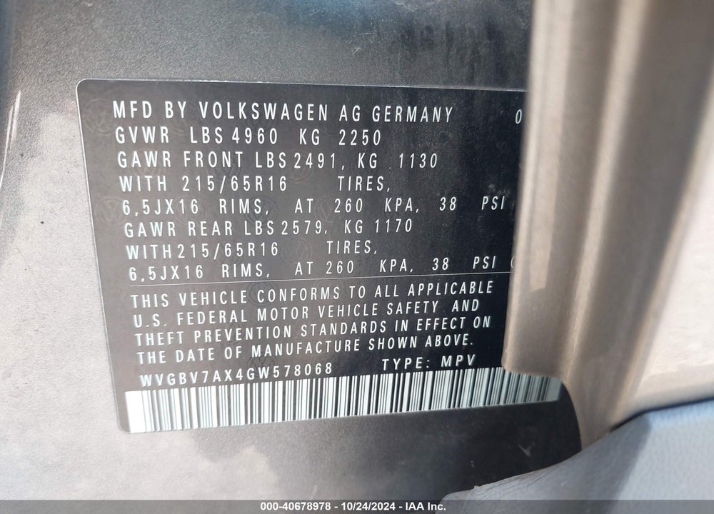 2016 VOLKSWAGEN TIGUAN VIN: WVGBV7AX4GW578068