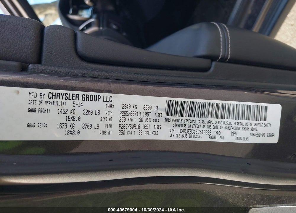2014 JEEP GRAND CHEROKEE LIMITED VIN: 1C4RJEBG1EC519396