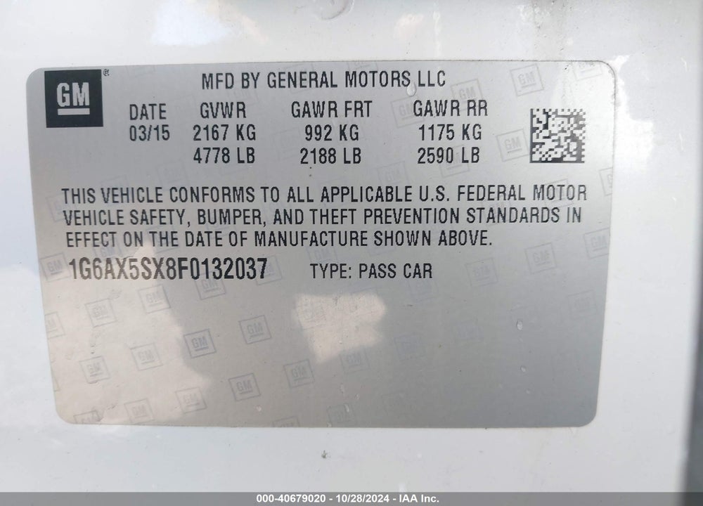 2015 CADILLAC CTS LUXURY VIN: 1G6AX5SX8F0132037