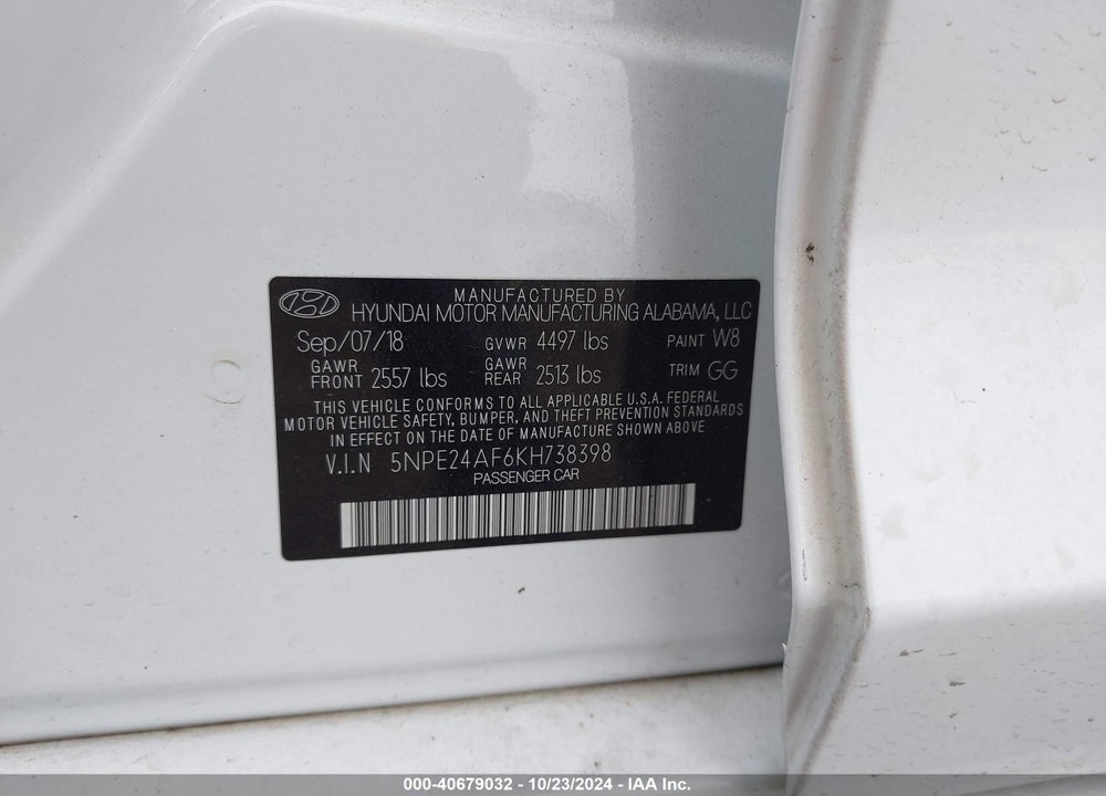 2019 HYUNDAI SONATA SE VIN: 5NPE24AF6KH738398
