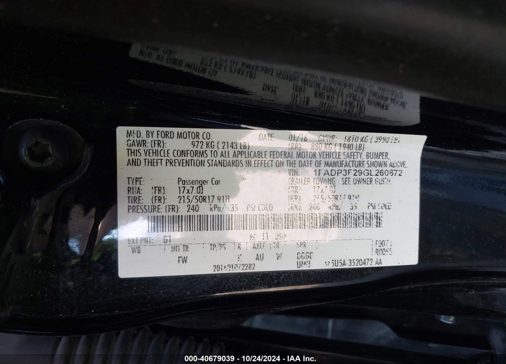 2016 FORD FOCUS SE VIN: 1FADP3F29GL260872