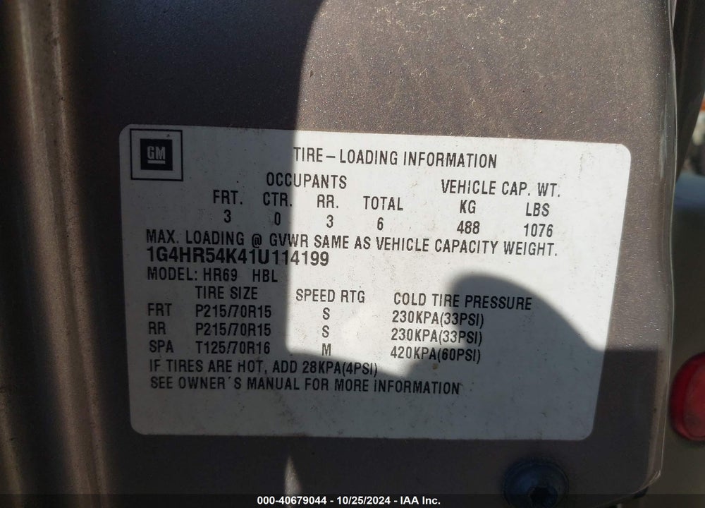 2001 BUICK LESABRE LIMITED VIN: 1G4HR54K41U114199