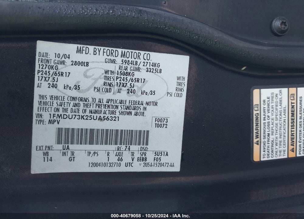 2005 FORD EXPLORER XLT/XLT SPORT VIN: 1FMDU73K25UA56321