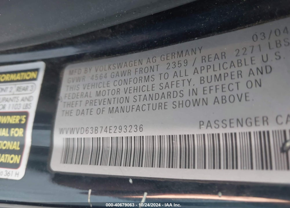 2004 VOLKSWAGEN PASSAT GLS VIN: WVWVD63B74E293236