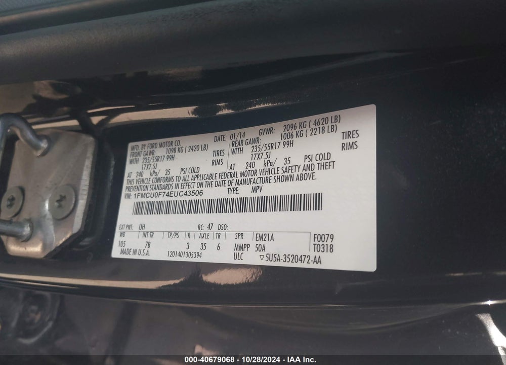 2014 FORD ESCAPE S VIN: 1FMCU0F74EUC43506