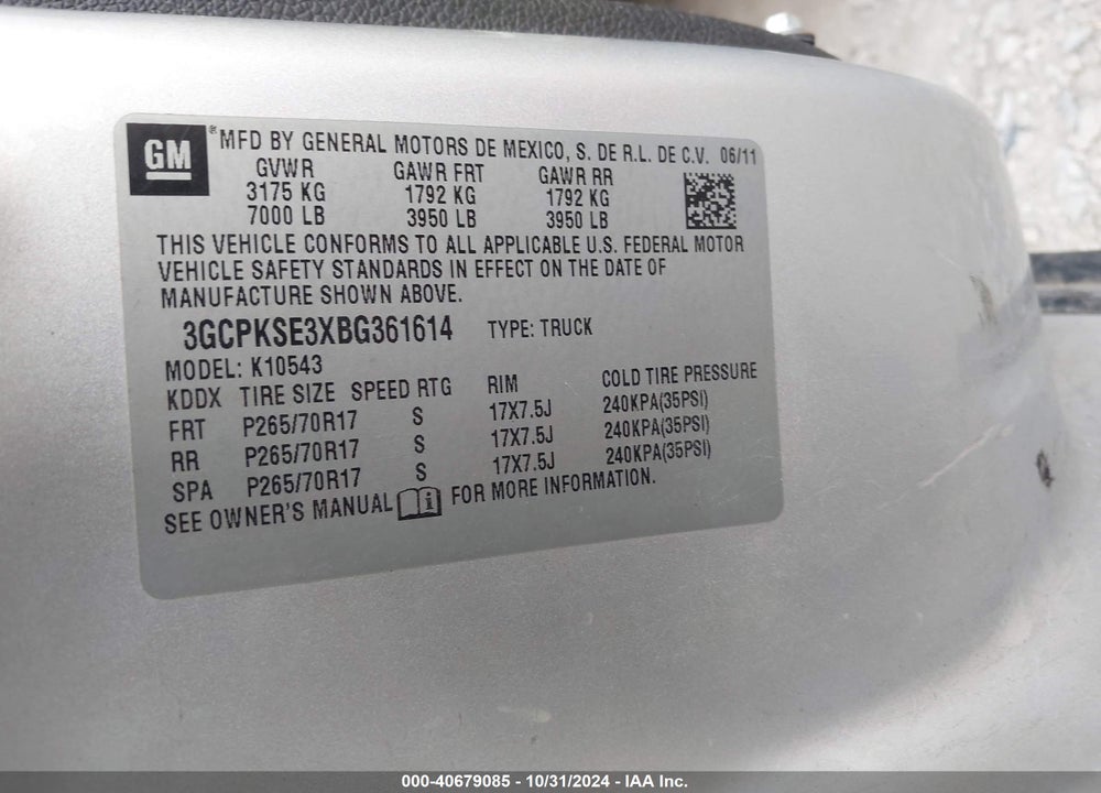 2011 CHEVROLET SILVERADO 1500 LT VIN: 3GCPKSE3XBG361614