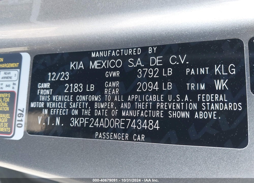 2024 KIA FORTE LXS VIN: 3KPF24AD0RE743484