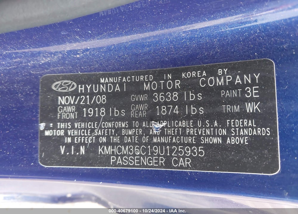 2009 HYUNDAI ACCENT VIN: KMHCM36C19U125935