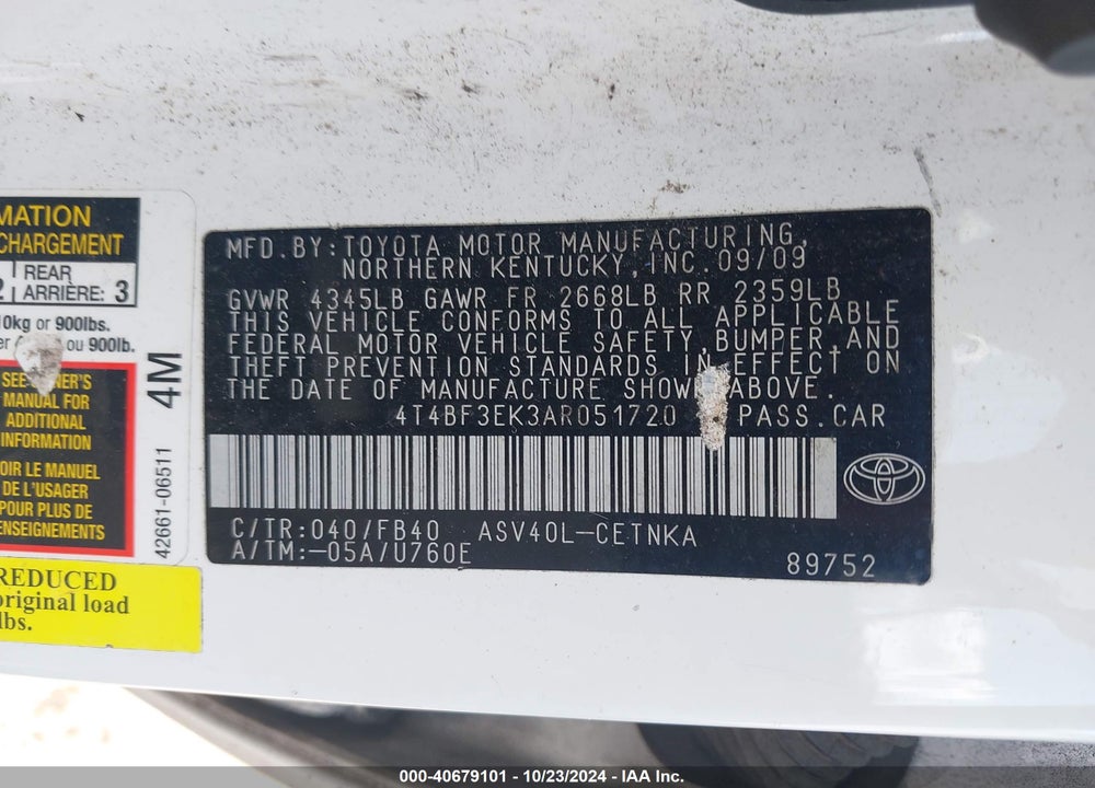 2010 TOYOTA CAMRY LE VIN: 4T4BF3EK3AR051720